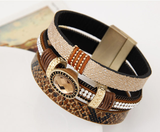 Gem Rhinestone and Snake Leather Bangles Bracelet