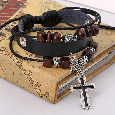 Vintage Bangles Cross Beaded Leather Bracelet
