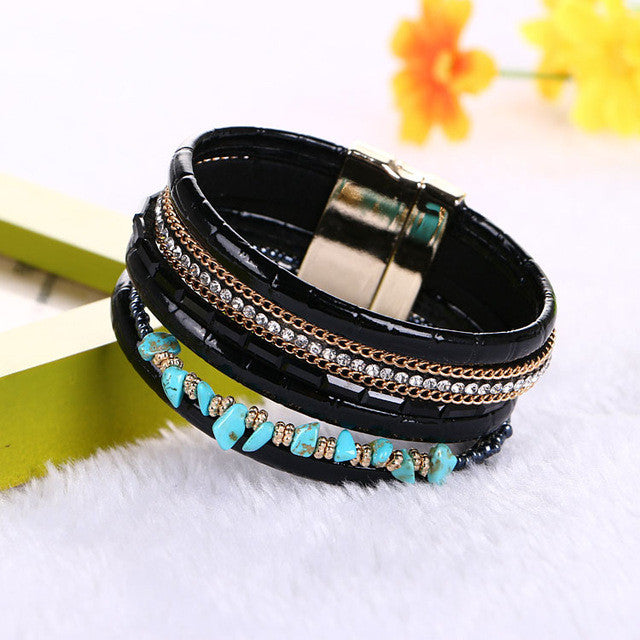 Boho Bamboo Bangles Leather Bracelet