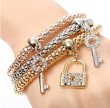 Gold Silver and Rose Gold Crystal Charm Bracelet - 3 Piece Set