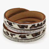 Rhinestone Leather Wrap Leopard Grain Bracelet